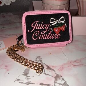 Juicy Couture Pink and Black Strawberry Embroidered Zip Wallet with Gold Chain